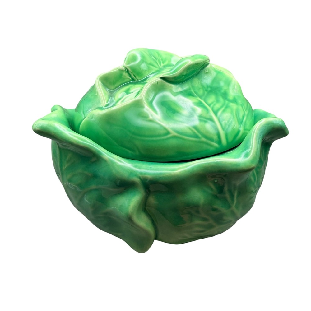 Holland Mold Vintage Cabbage Tureen Lidded Bowl 1981 Ceramic Majolica Green 7in